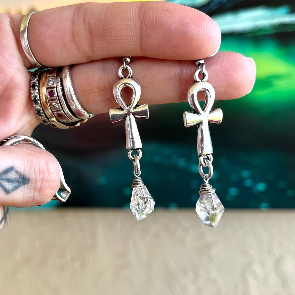 Herkimer diamonds anhks egyptian crosses earrings stainless steel post crystals - Picture 8 of 12